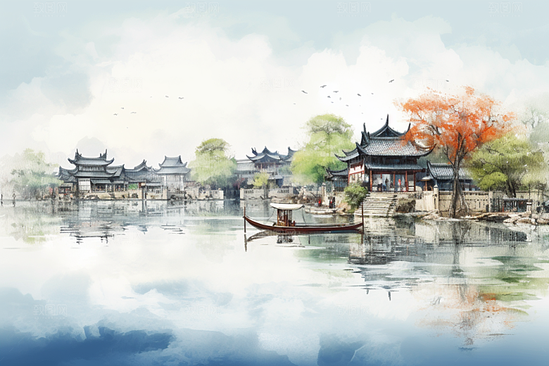 水墨江南粉墙黛瓦中国风插画