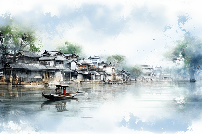 水墨江南中式手绘插画