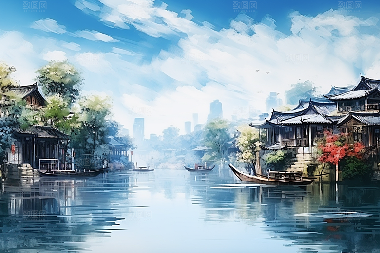 水墨江南手绘晕染插画