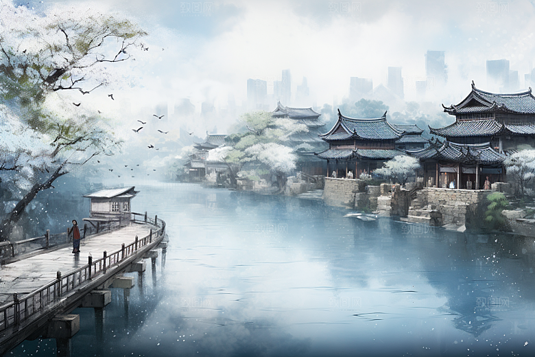 水墨江南粉墙黛瓦小镇插画