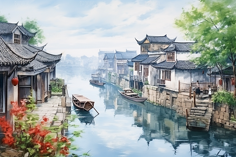 水墨江南手绘粉墙黛瓦插画