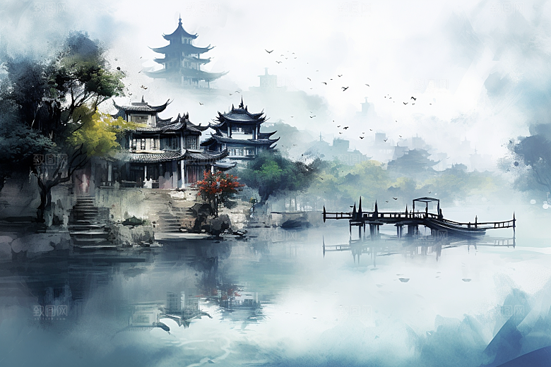 水墨江南粉墙黛瓦小桥流水插画