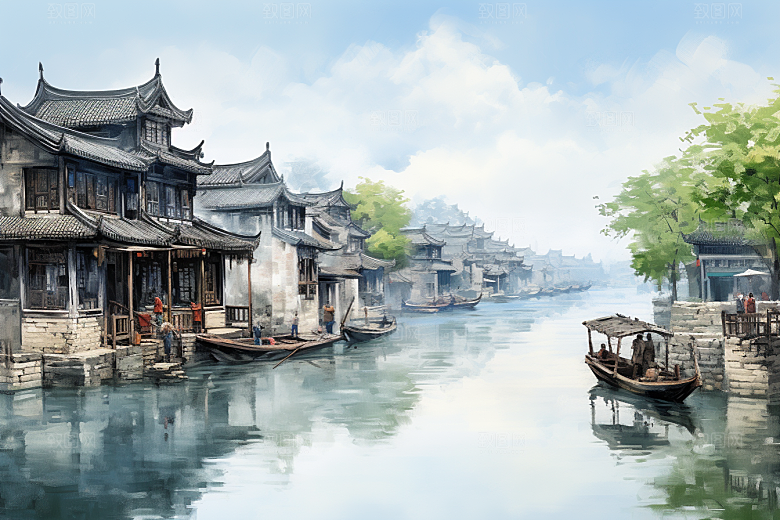 水墨江南粉墙黛瓦小镇插画