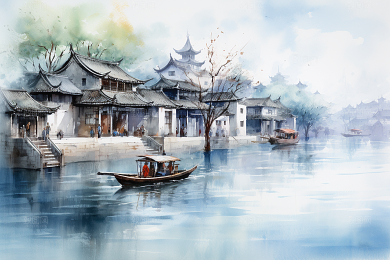 水墨江南小桥流水中式插画