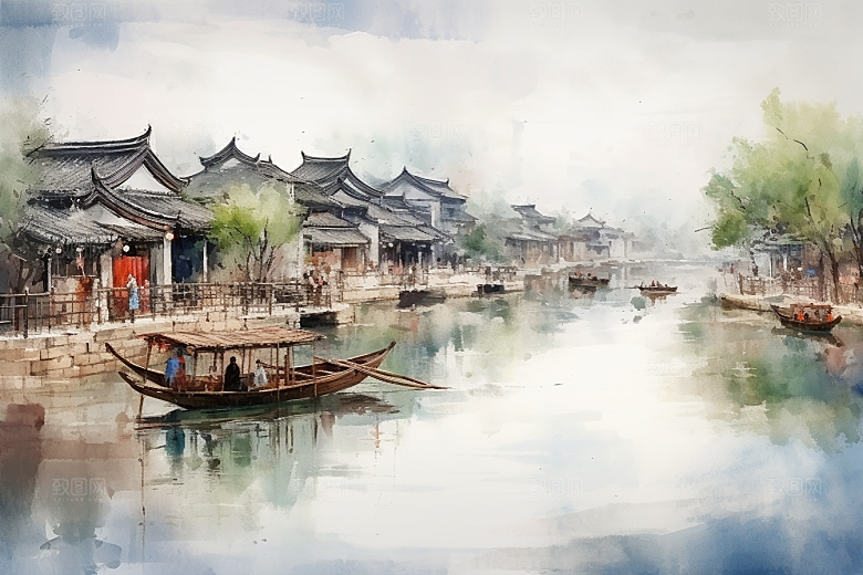 水墨江南小镇手绘插画