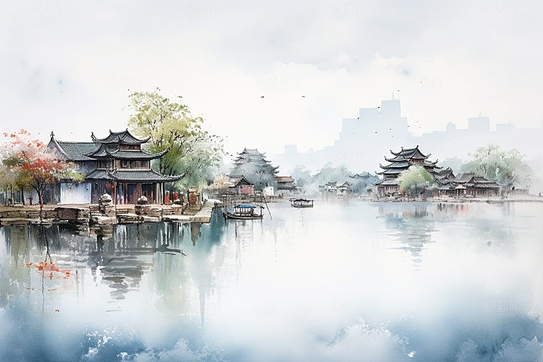 水墨江南晕染手绘插画