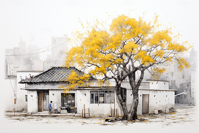 水墨江南小桥流水中国风插画