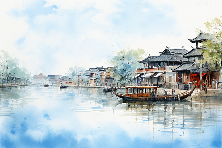 水墨江南粉墙黛瓦中式插画
