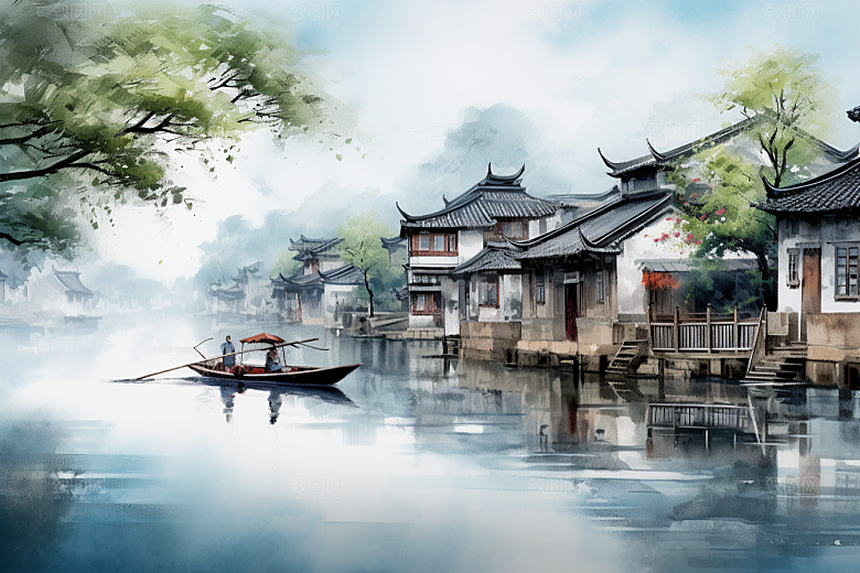 水墨江南水乡粉墙黛瓦插画