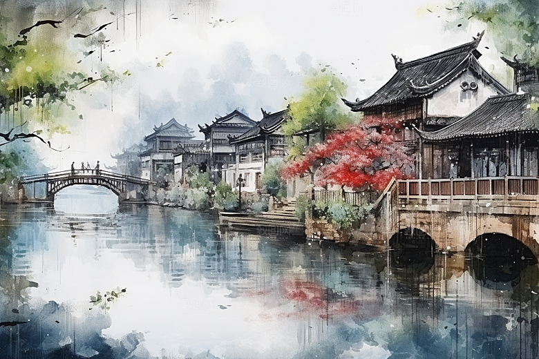 水墨江南手绘水彩插画