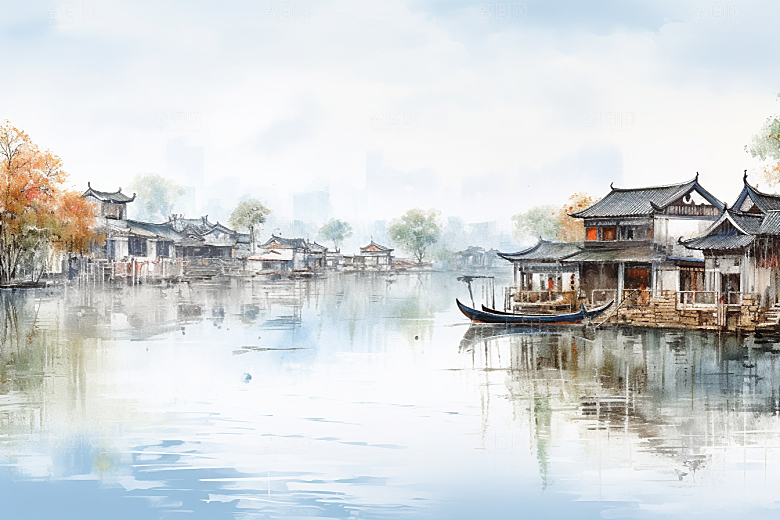 水墨江南中式粉墙黛瓦插画