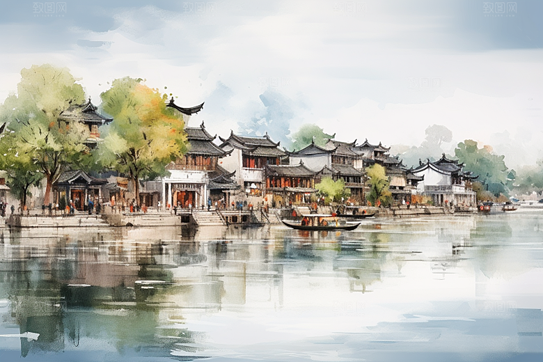 水墨江南中国风粉墙黛瓦插画