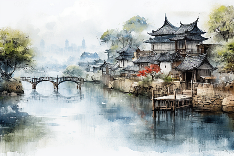 水墨江南中式小镇插画