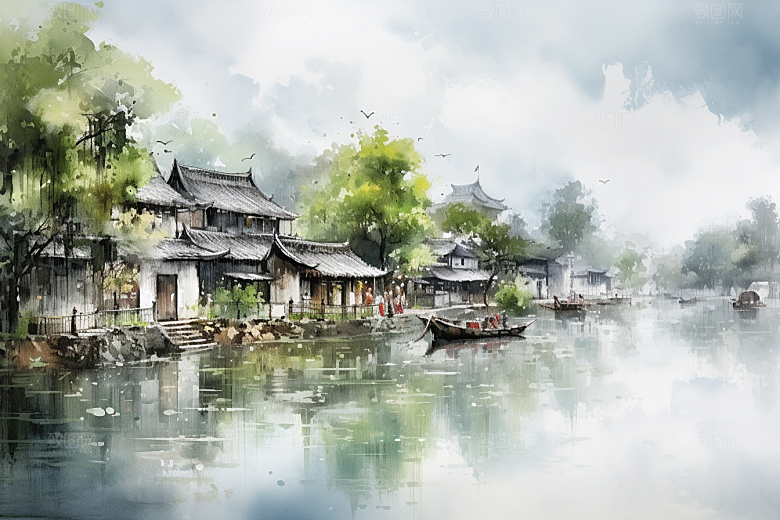 水墨江南中式小镇插画