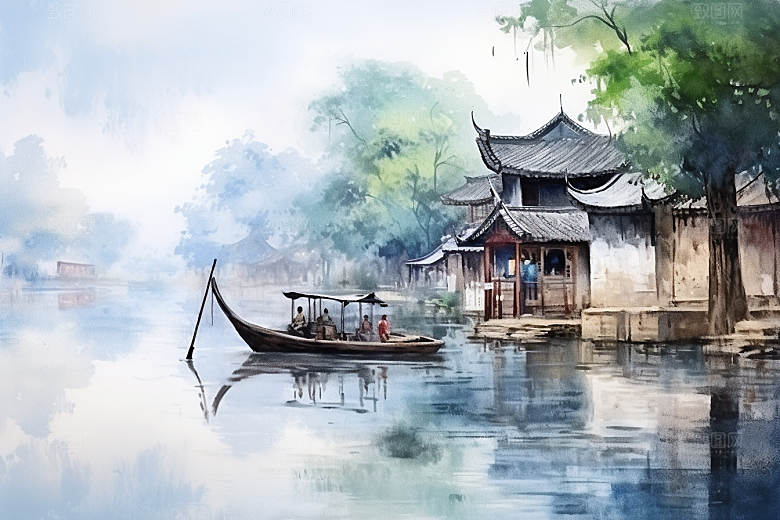 水墨江南粉墙黛瓦晕染插画