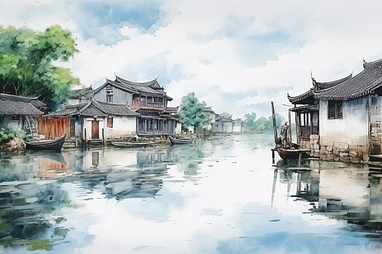 水墨江南粉墙黛瓦手绘插画