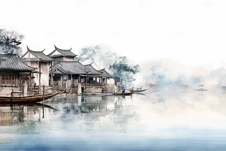 水墨江南晕染水彩插画