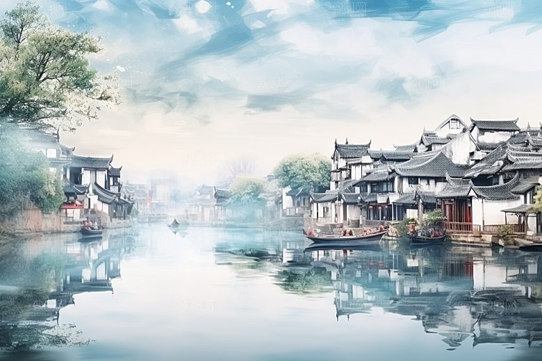 水墨江南粉墙黛瓦小桥流水插画