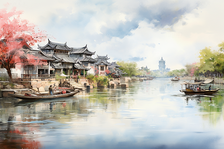 水墨江南水彩手绘插画