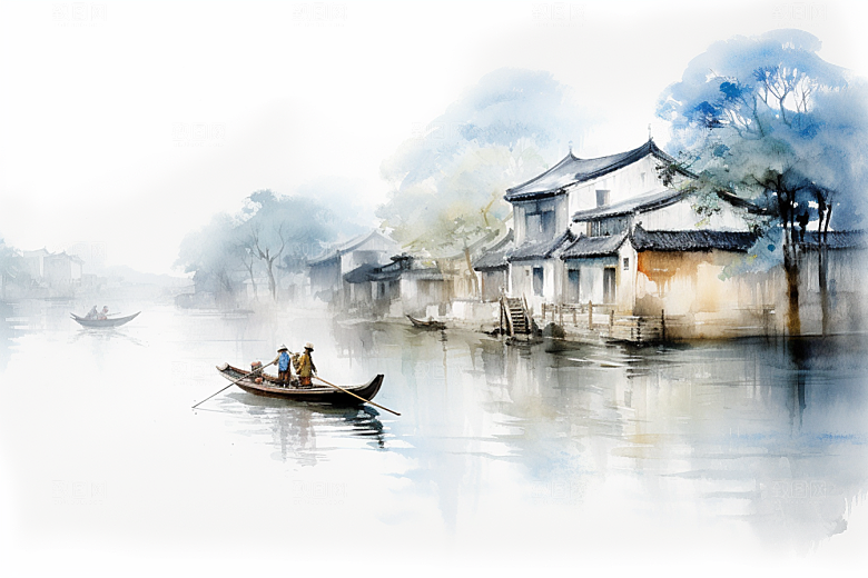 水墨江南粉墙黛瓦手绘插画