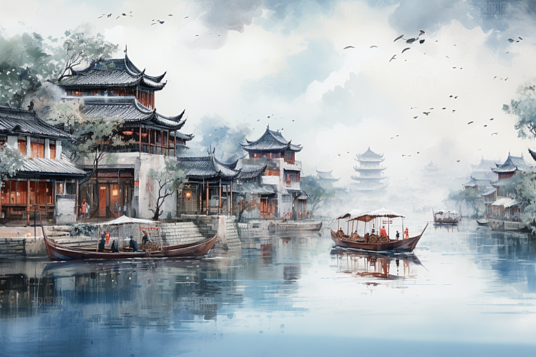 水墨江南手绘水乡插画