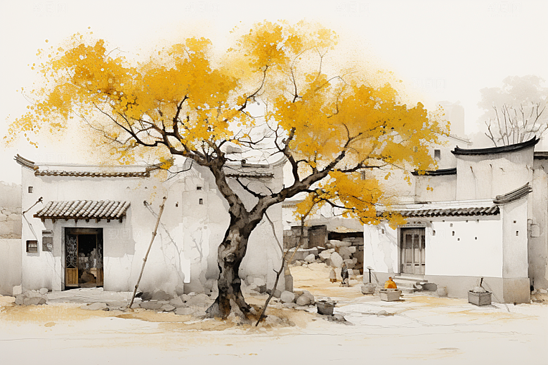 水墨江南晕染手绘插画