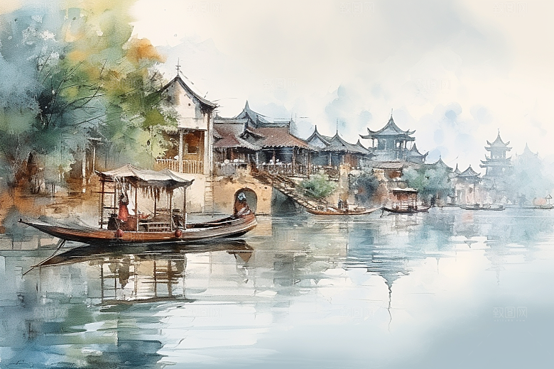 水墨江南中国风小镇插画