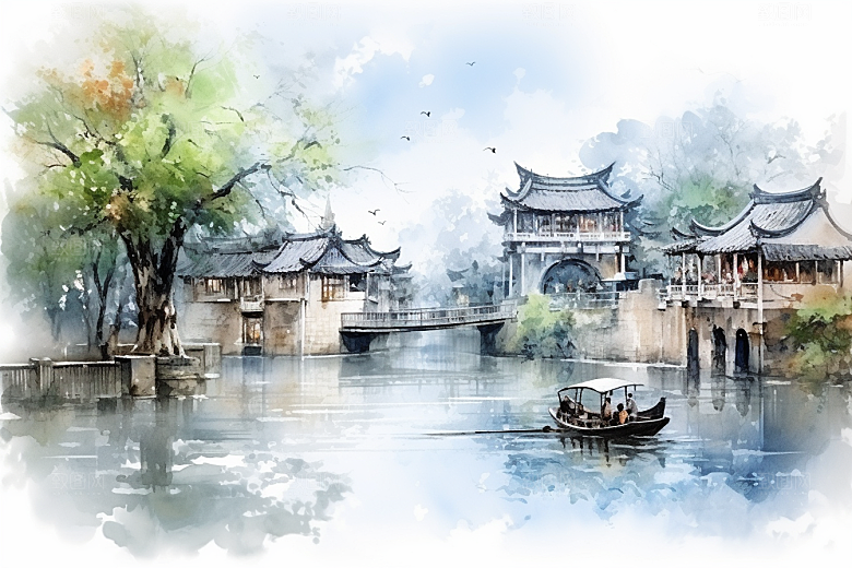 水墨江南粉墙黛瓦小镇插画