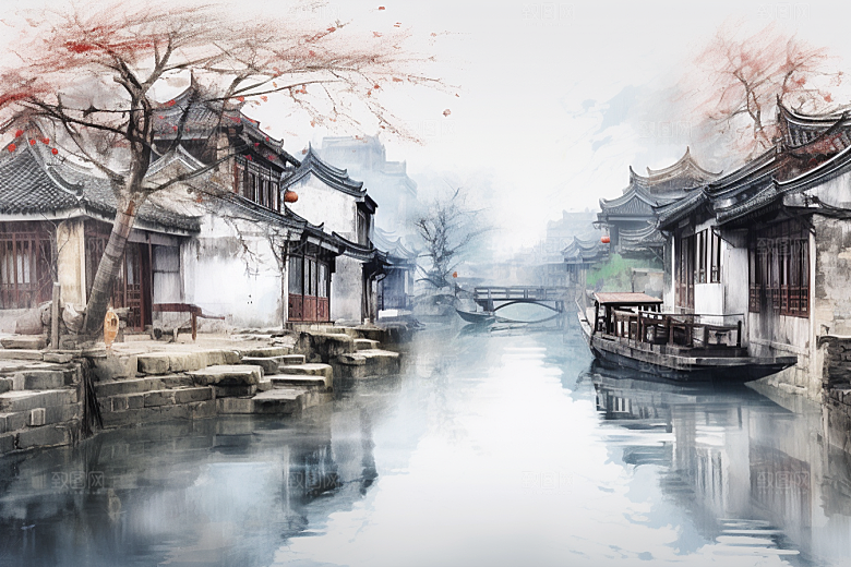 水墨江南水彩中式插画