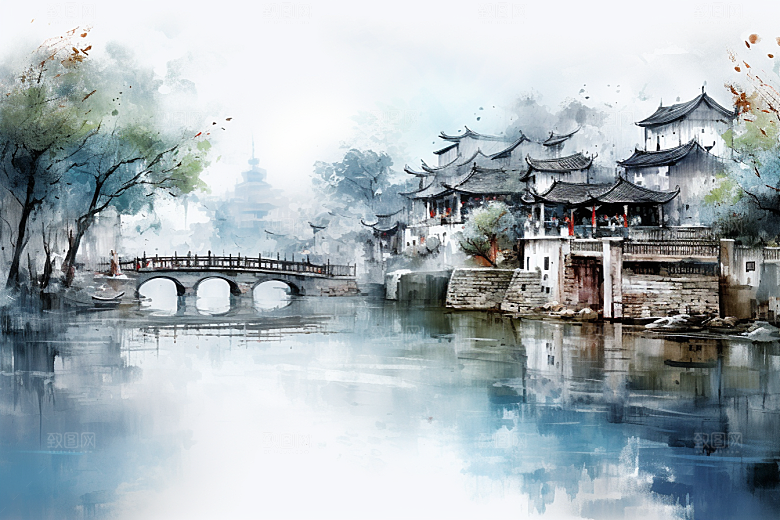 水墨江南晕染水乡插画
