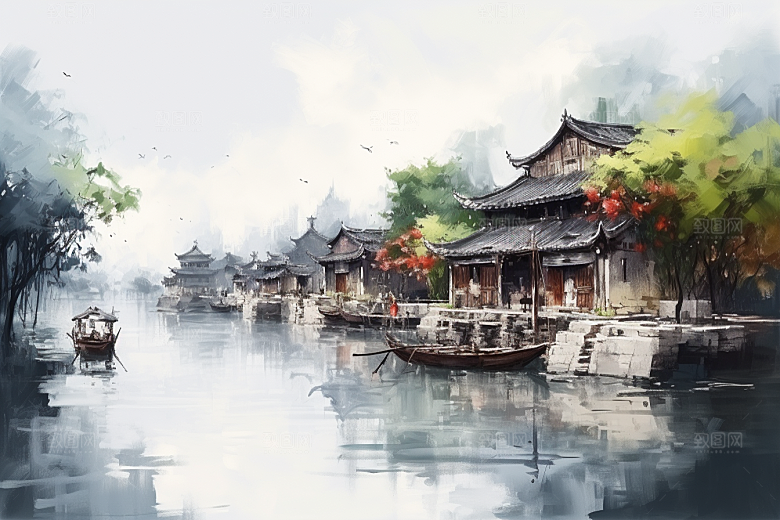 水墨江南水彩晕染插画