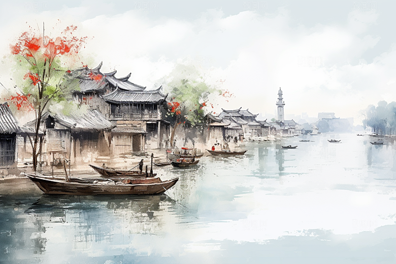 水墨江南晕染中式插画