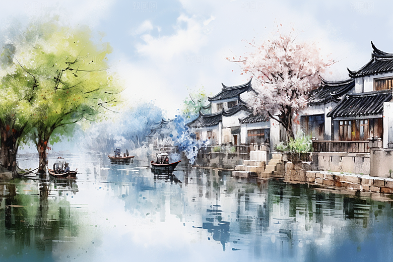 水墨江南小桥流水水乡插画