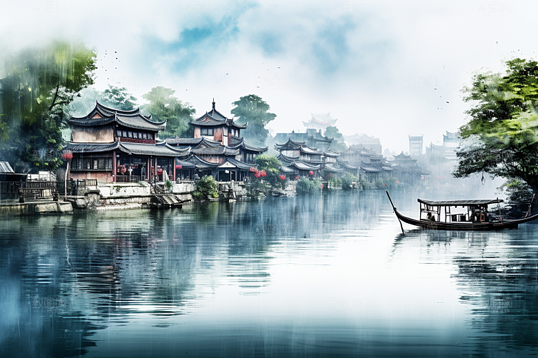 水墨江南小桥流水晕染插画
