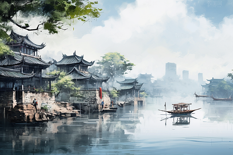 水墨江南水乡中国风插画