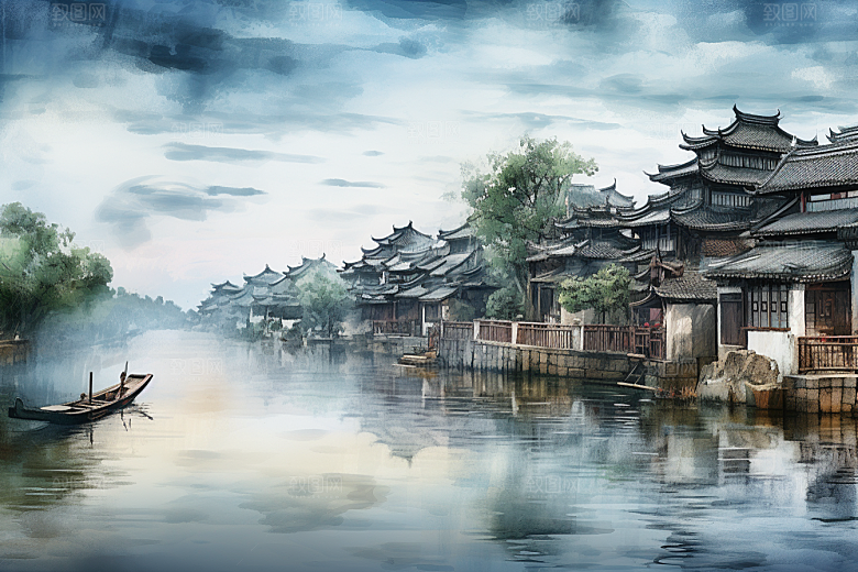 水墨江南晕染水彩插画