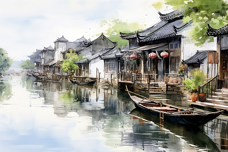 水墨江南晕染手绘插画