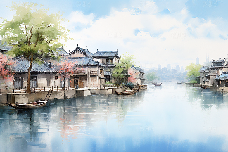 水墨江南小镇晕染插画