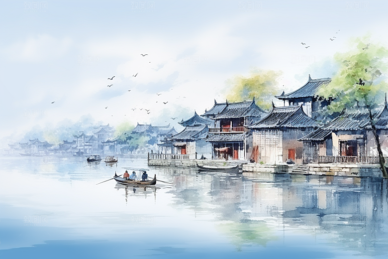 水墨江南小桥流水中国风插画