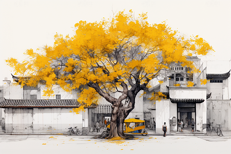 水墨江南水彩粉墙黛瓦插画