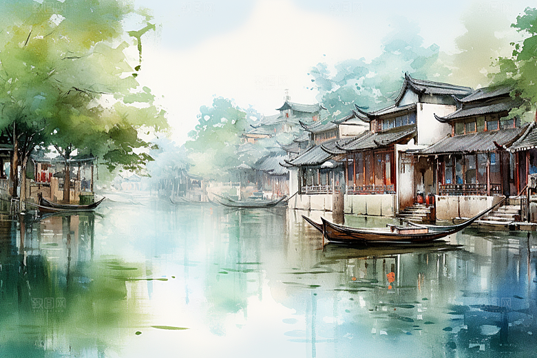 水墨江南水乡手绘插画