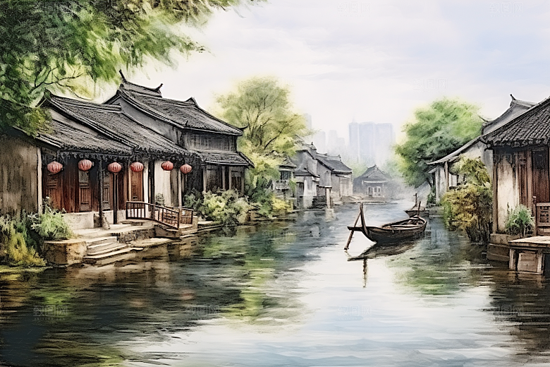 水墨江南水彩手绘插画