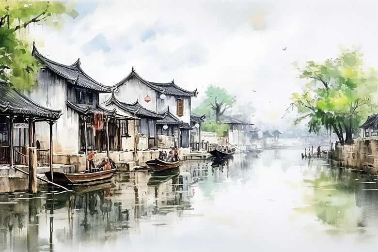 水墨江南水彩水乡插画
