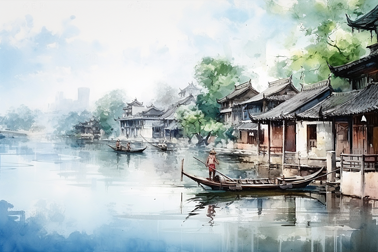 水墨江南中国风小镇插画