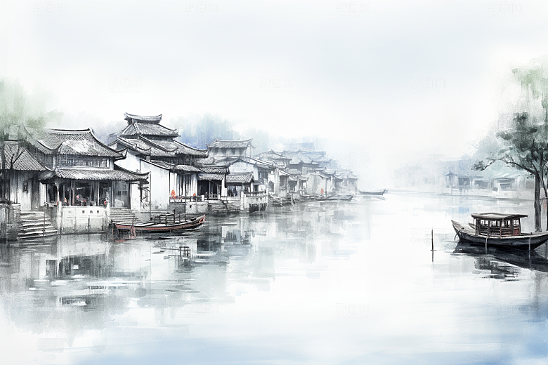 水墨江南水彩水乡插画