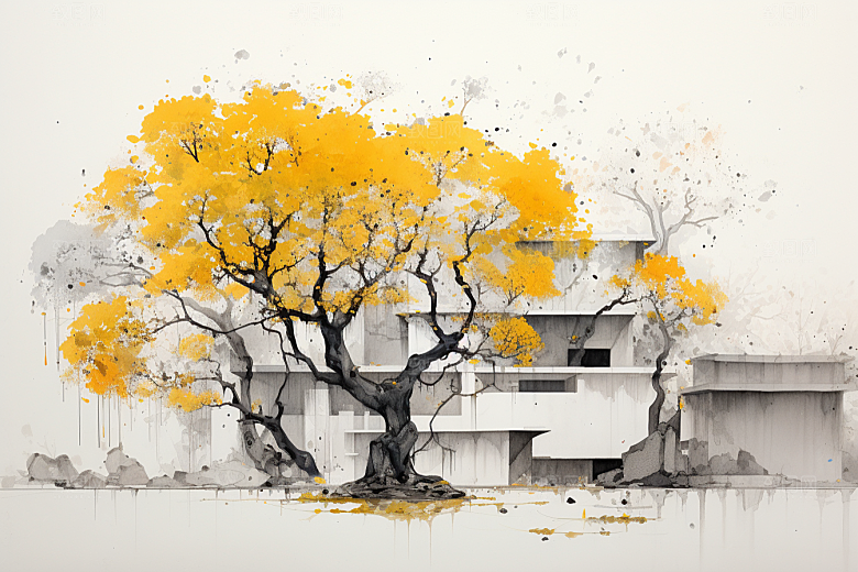 水墨江南水彩晕染插画