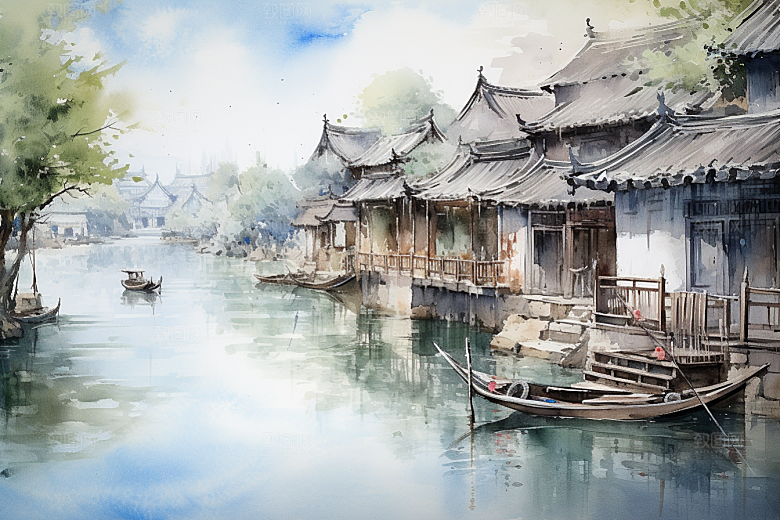 水墨江南中国风晕染插画