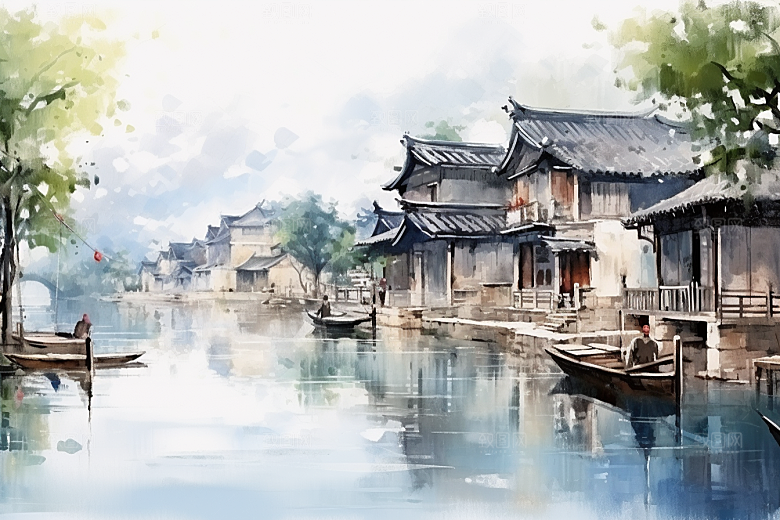 水墨江南小桥流水手绘插画