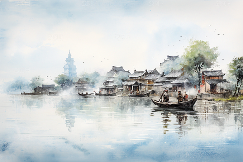 水墨江南粉墙黛瓦小镇插画