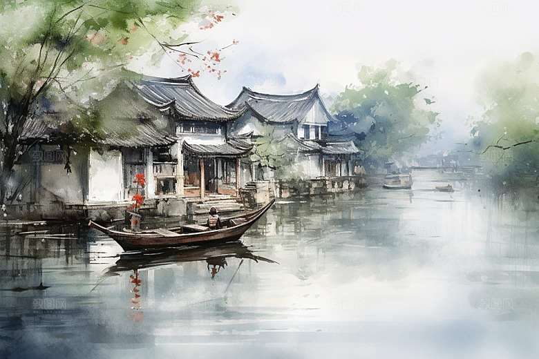 水墨江南小桥流水水彩插画